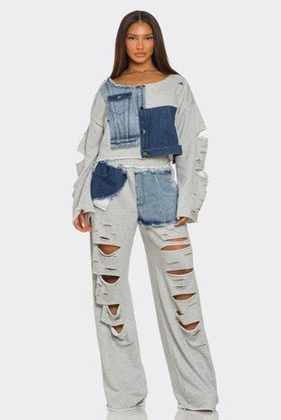 Denim Distressed Sweatsuit